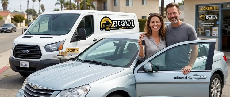 Happy customers with their replacement Chrysler Sebring car key from EZ Car Keyz in San Diego County