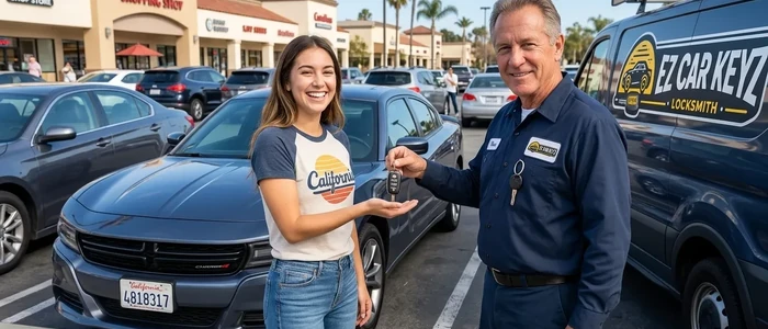 Customer with a replacement Dodge Charger car key from EZ Car Keyz in San Diego County