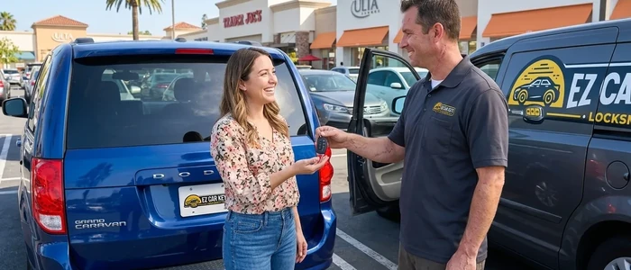 Customer with a replacement Dodge Grand Caravan car key from EZ Car Keyz in San Diego County