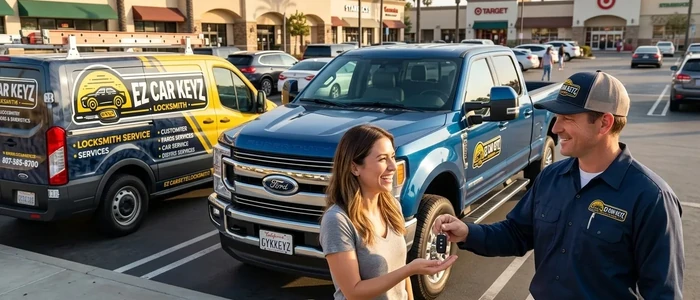 Customer with a replacement Ford F-250 car key from EZ Car Keyz in San Diego County