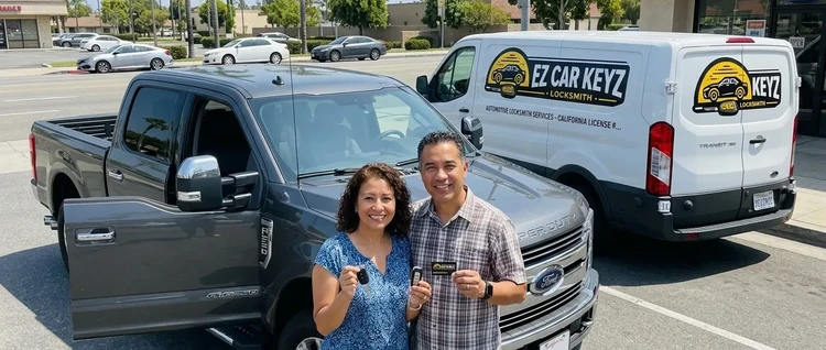 Happy customers with their replacement Ford F-250 car key from EZ Car Keyz in San Diego County