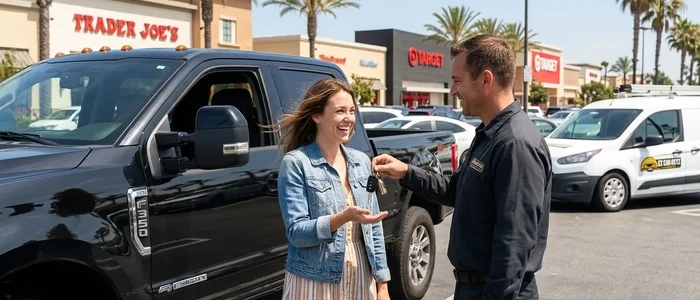 Customer with a replacement Ford F-350 car key from EZ Car Keyz in San Diego County