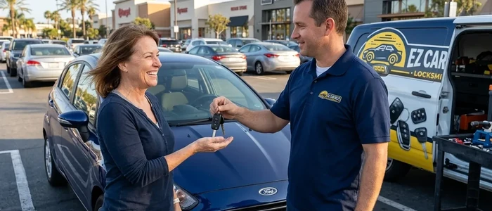 Customer with a replacement Ford Fiesta car key from EZ Car Keyz in San Diego County