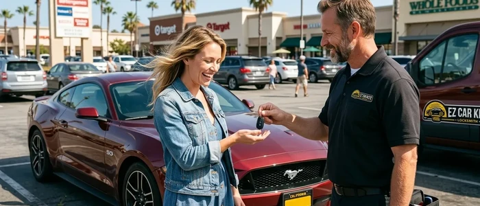 Customer with a replacement Ford Mustang car key from EZ Car Keyz in San Diego County