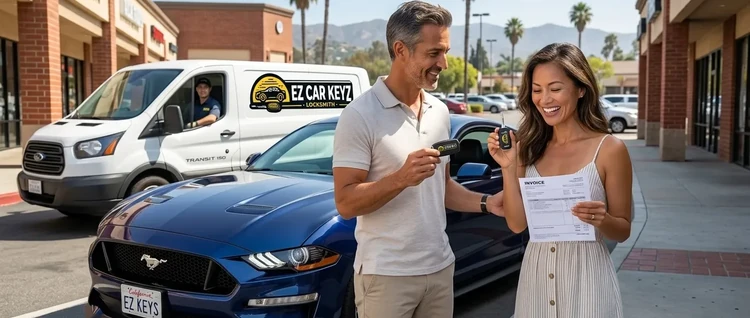 Happy customers with their replacement Ford Mustang car key from EZ Car Keyz in San Diego County