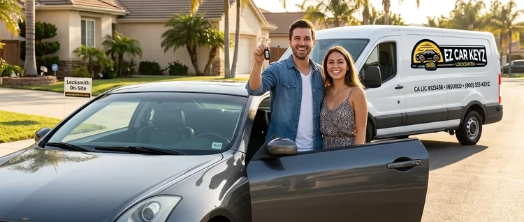 Happy customers with their replacement Infiniti G35 car key from EZ Car Keyz in San Diego County