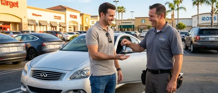 Customer with a replacement Infiniti G37 car key from EZ Car Keyz in San Diego County