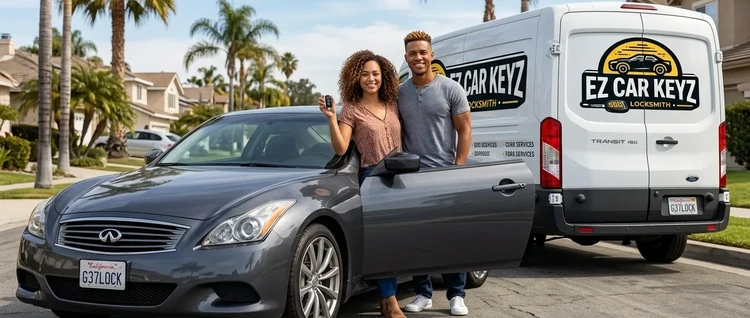 Happy customers with their replacement Infiniti G37 car key from EZ Car Keyz in San Diego County