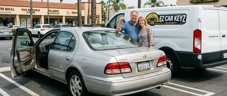 Happy customers with their replacement Infiniti I30 car key from EZ Car Keyz in San Diego County