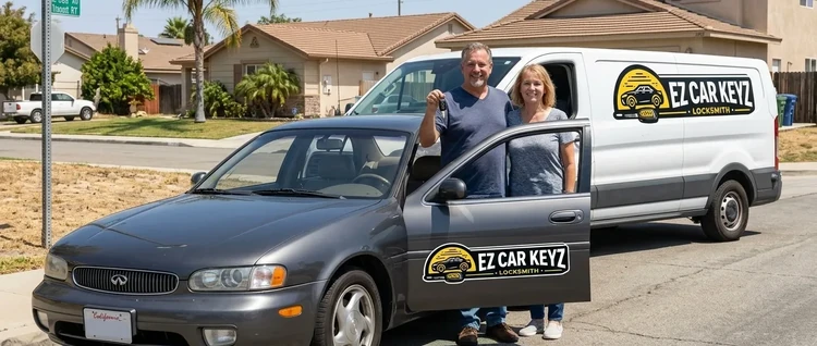Happy customers with their replacement Infiniti J30 car key from EZ Car Keyz in San Diego County