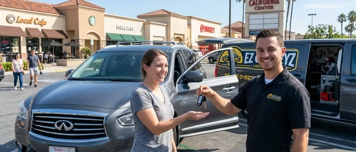 Customer with a replacement Infiniti JX35 car key from EZ Car Keyz in San Diego County