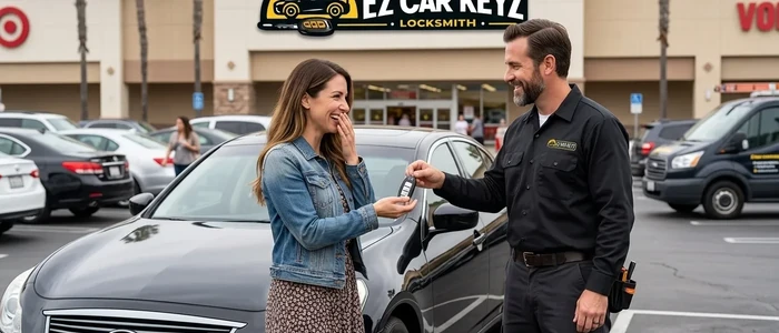 Customer with a replacement Infiniti Q40 car key from EZ Car Keyz in San Diego County