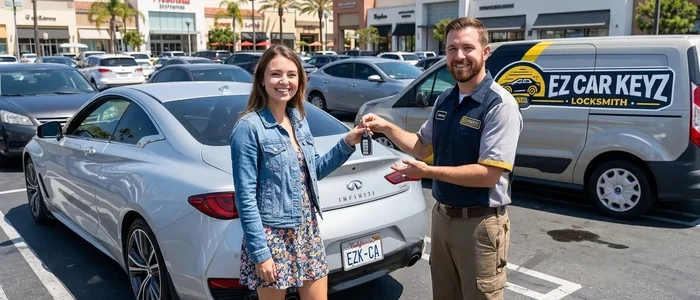 Customer with a replacement Infiniti Q60 car key from EZ Car Keyz in San Diego County