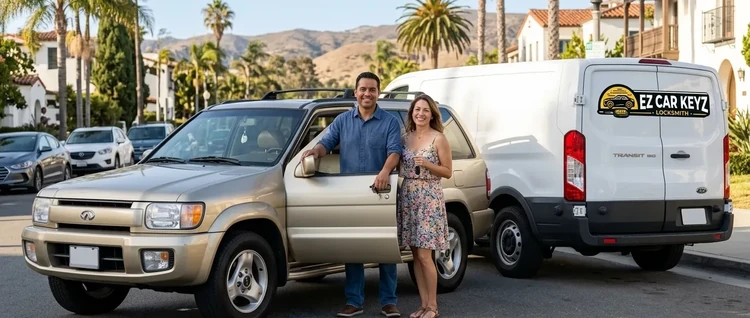Happy customers with their replacement Infiniti Qx4 car key from EZ Car Keyz in San Diego County