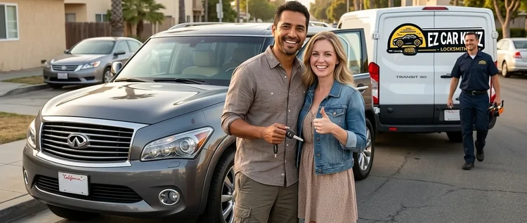 Happy customers with their replacement Infiniti QX56 car key from EZ Car Keyz in San Diego County
