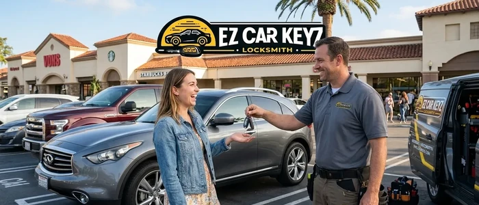 Customer with a replacement Infiniti QX70 car key from EZ Car Keyz in San Diego County