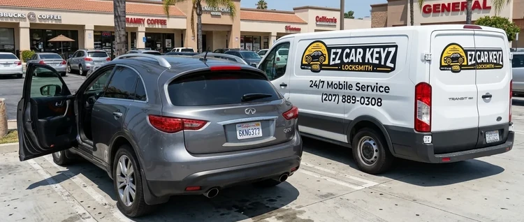Happy customers with their replacement Infiniti QX70 car key from EZ Car Keyz in San Diego County