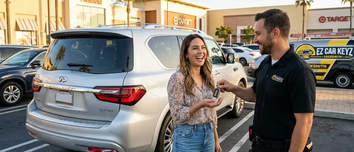 Customer with a replacement Infiniti QX80 car key from EZ Car Keyz in San Diego County