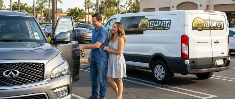 Happy customers with their replacement Infiniti QX80 car key from EZ Car Keyz in San Diego County