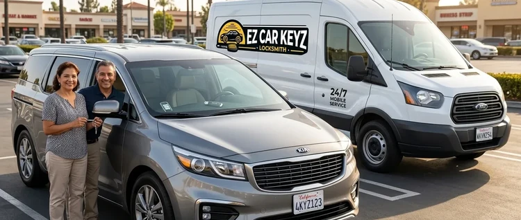 Happy customers with their replacement Kia Sedona car key from EZ Car Keyz in San Diego County