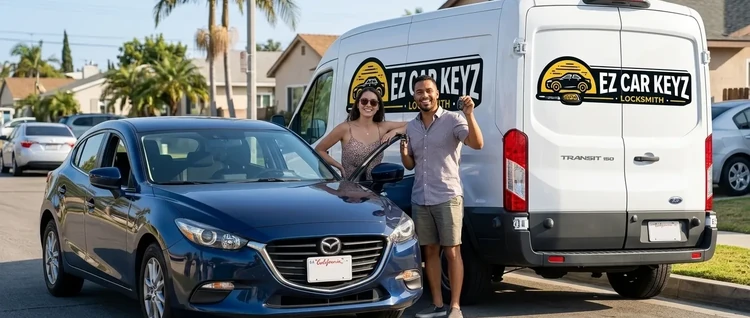 Happy customers with their replacement Mazda 3 car key from EZ Car Keyz in San Diego County