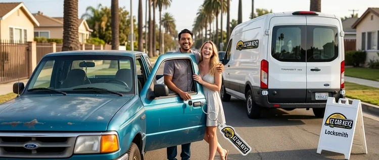Happy customers with their replacement Mazda B Series car key from EZ Car Keyz in San Diego County