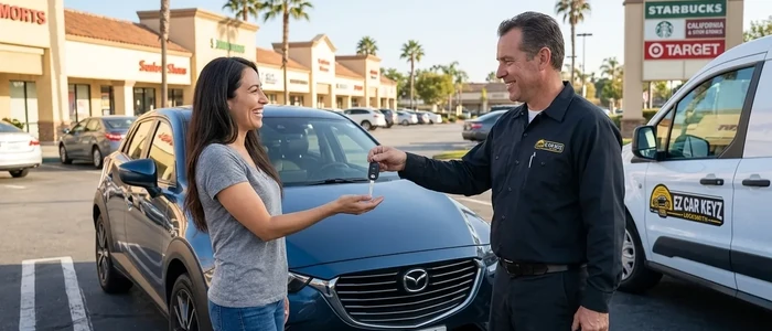 Customer with a replacement Mazda CX-3 car key from EZ Car Keyz in San Diego County