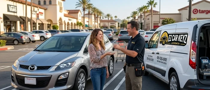 Customer with a replacement Mazda CX-7 car key from EZ Car Keyz in San Diego County