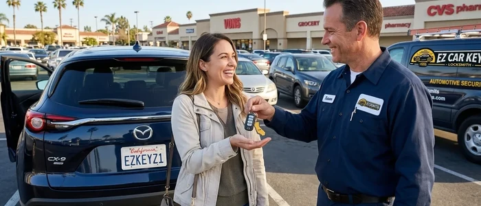 Customer with a replacement Mazda CX-9 car key from EZ Car Keyz in San Diego County
