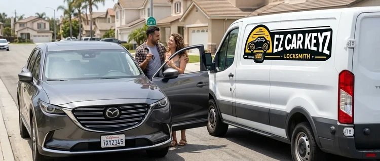 Happy customers with their replacement Mazda CX-9 car key from EZ Car Keyz in San Diego County