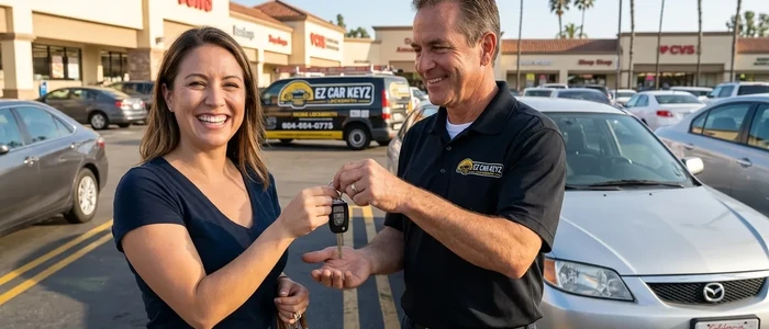 Customer with a replacement Mazda Protege car key from EZ Car Keyz in San Diego County