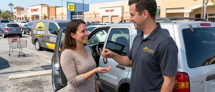 Customer with a replacement Mazda Tribute car key from EZ Car Keyz in San Diego County