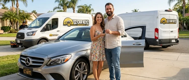 Happy customers with their replacement Mercedes-Benz C Class car key from EZ Car Keyz in San Diego County