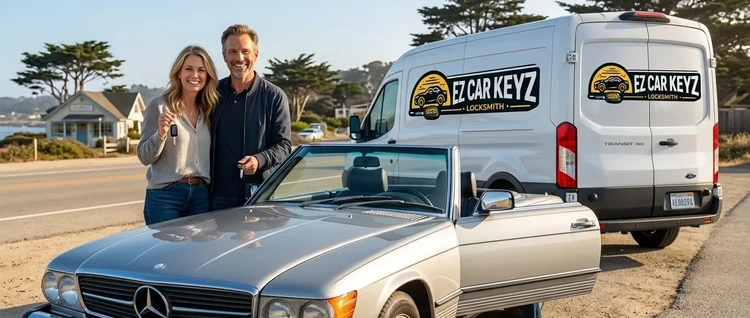 Happy customers with their replacement Mercedes-Benz SL car key from EZ Car Keyz in San Diego County