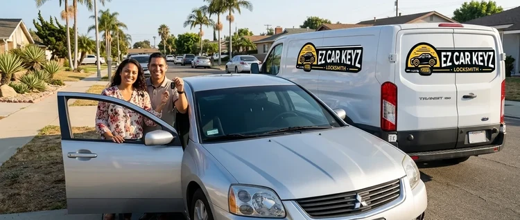 Happy customers with their replacement Mitsubishi Galant car key from EZ Car Keyz in San Diego County