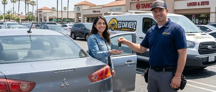Customer with a replacement Mitsubishi Lancer car key from EZ Car Keyz in San Diego County