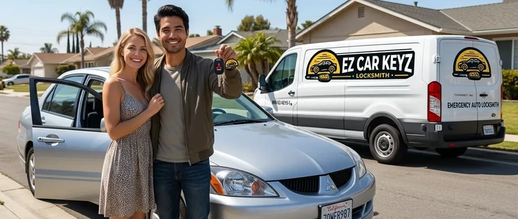 Happy customers with their replacement Mitsubishi Lancer car key from EZ Car Keyz in San Diego County