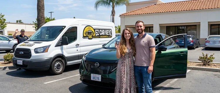 Happy customers with their replacement Nissan Ariya car key from EZ Car Keyz in San Diego County