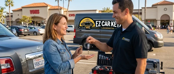 Customer with a replacement Nissan Armada car key from EZ Car Keyz in San Diego County