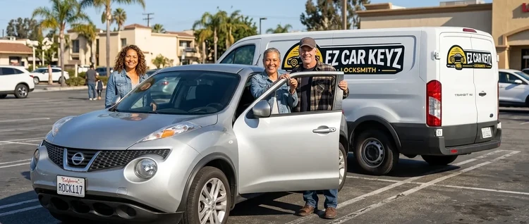 Happy customers with their replacement Nissan Juke car key from EZ Car Keyz in San Diego County