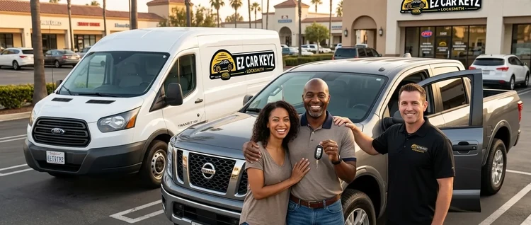 Happy customers with their replacement Nissan Titan car key from EZ Car Keyz in San Diego County