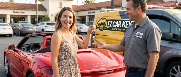 Customer with a replacement Porsche Boxster car key from EZ Car Keyz in San Diego County