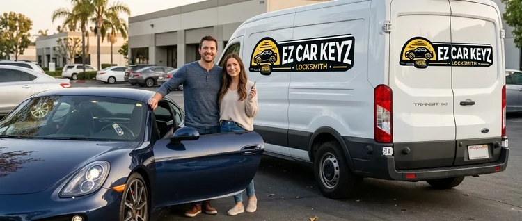 Happy customers with their replacement Porsche Cayman car key from EZ Car Keyz in San Diego County