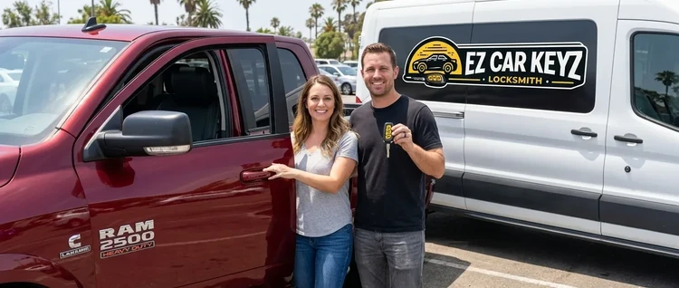 Happy customers with their replacement Ram 2500 car key from EZ Car Keyz in San Diego County