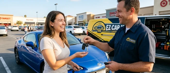 Customer with a replacement Subaru BRZ car key from EZ Car Keyz in San Diego County