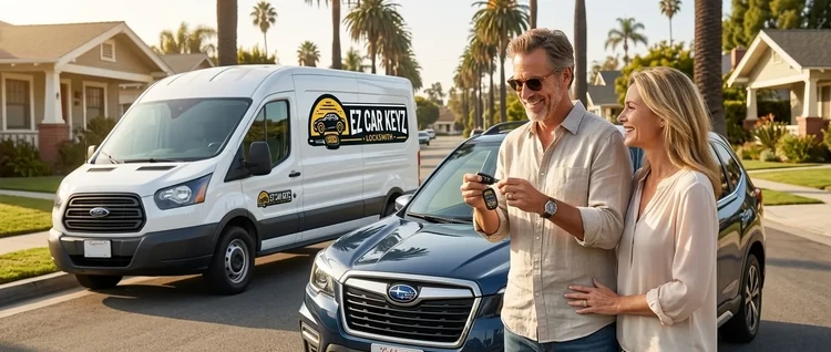 Happy customers with their replacement Subaru Forester car key from EZ Car Keyz in San Diego County