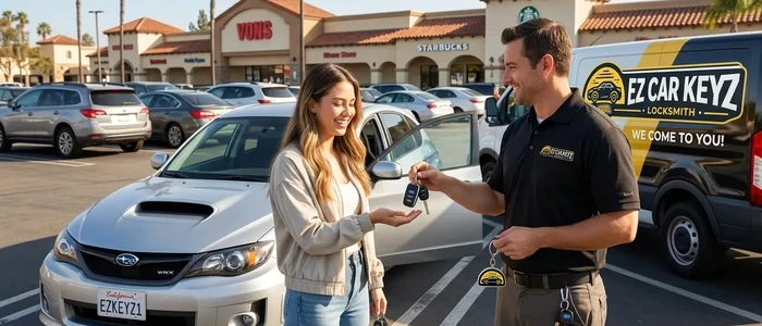 Customer with a replacement Subaru Impreza car key from EZ Car Keyz in San Diego County