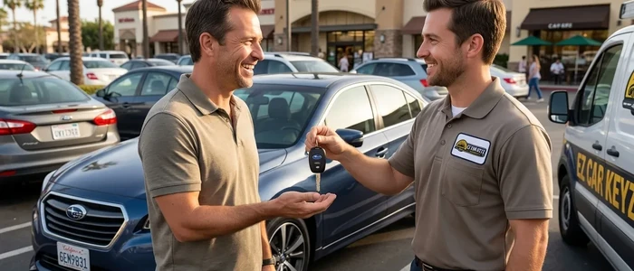 Customer with a replacement Subaru Legacy car key from EZ Car Keyz in San Diego County