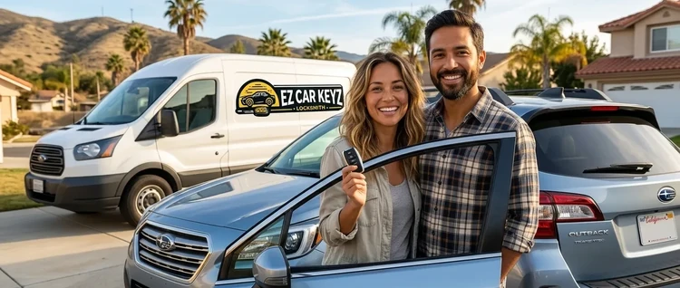 Happy customers with their replacement Subaru Outback car key from EZ Car Keyz in San Diego County