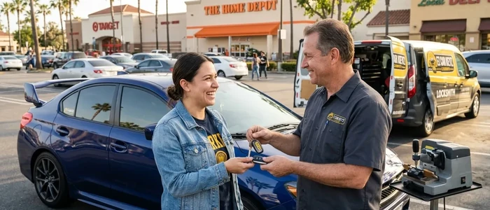 Customer with a replacement Subaru WRX car key from EZ Car Keyz in San Diego County
